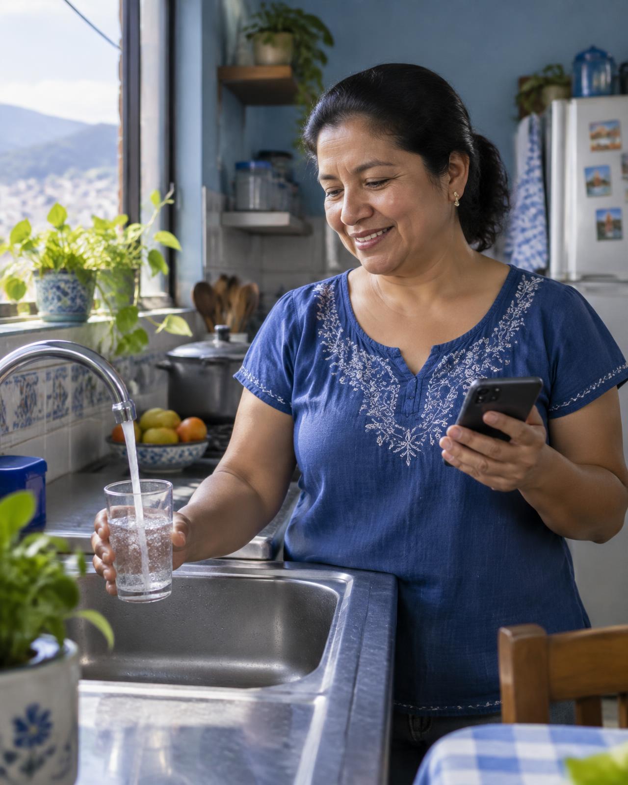Mujer llena un vaso de agua en su cocina mientras consulta su saldo en el celular